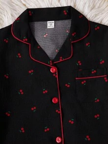 School Girl Style 2pcs Pajama Set, Girls Cute Cherry Print Long Sleeve Shirt And Pants, Casual Loungewear Cherry Pajama Set Fall Winter