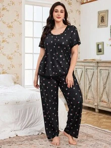 Elorette CottageSlumber Romantic Floral Lace Trim Soft & Breathable Printed Loungewear Set, Plus Size - Multicolor - View 7