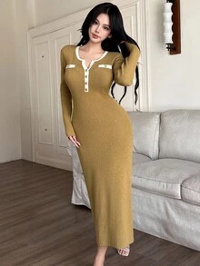 Modelyn Elegant Contrast Trim Metal Buckle Dry Leaf Yellow Women Sweater Dress, Suitable For Autumn And Winter - Mustard Yellow - View 6