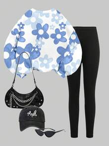 SHEIN 卡哇伊卡通蓝色兔子露露与针迹图案，蓝色渐变花卉，休闲圆领舒适长袖运动衫和紧身裤两件套，适合秋冬季 - 彩色 - 查看 3