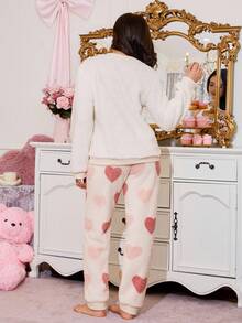 SweetSlumber Women's Cute Ins-Style Contrast Color Heart Soft Plush Pajama Set Cute Lounge Set Heart Pajama Set Cozy Sets Women, Fall/Winter Clothes, Fluffy