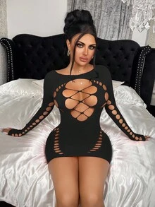 SHEIN 1 件女士性感紫红色紧身半透明渔网连衣裙，适合派对、夜总会、海滩 - 黑色 - 查看 6