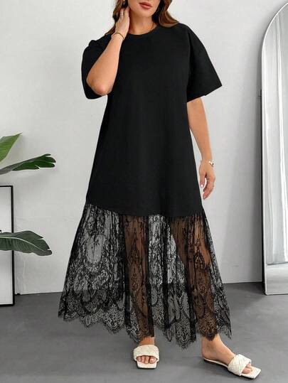 SHEIN Essnce Plus-Size Long Dress For Women, 2 In 1 Dress, Lace Patchwork Dress, See-Through Women's Dress, White Dress,Summer Dresses For Women Graduation Dress Birthday Dresses For Women Holiday Dress White Dresses Classy Elegant