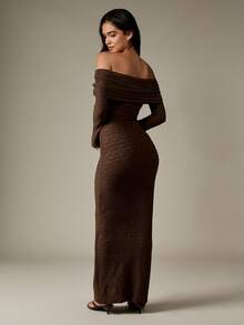 MISSGUIDED Off Shoulder Ruched Bodycon Evening Gown Long Sleeve Textured Knit Form Fitting Floor Length Special Occasion Winter Fall Dress - Brown - View 2