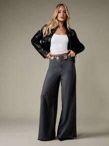 MISSGUIDED Eye-Catching Wide Leg Pants With Metal Grommet Belt Loop Detail Statement Modern Party Professional Structured Bell Bottom Trousers Contemporary Cut - Dark Grey - View 5