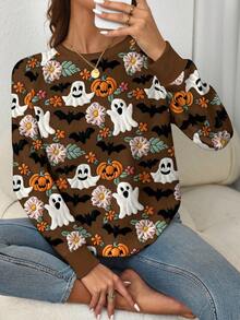 EMERY ROSE Plus Size Halloween Ghost Pumpkin Bat Print Raglan Long Sleeve Sweatshirt Fall Cloth For Women Winter Autumn - Multicolor - View 4