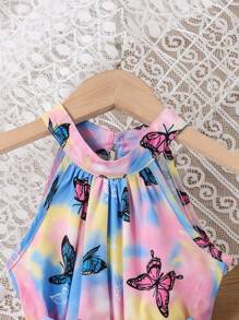 少女印花綁蝴蝶結吊帶裙