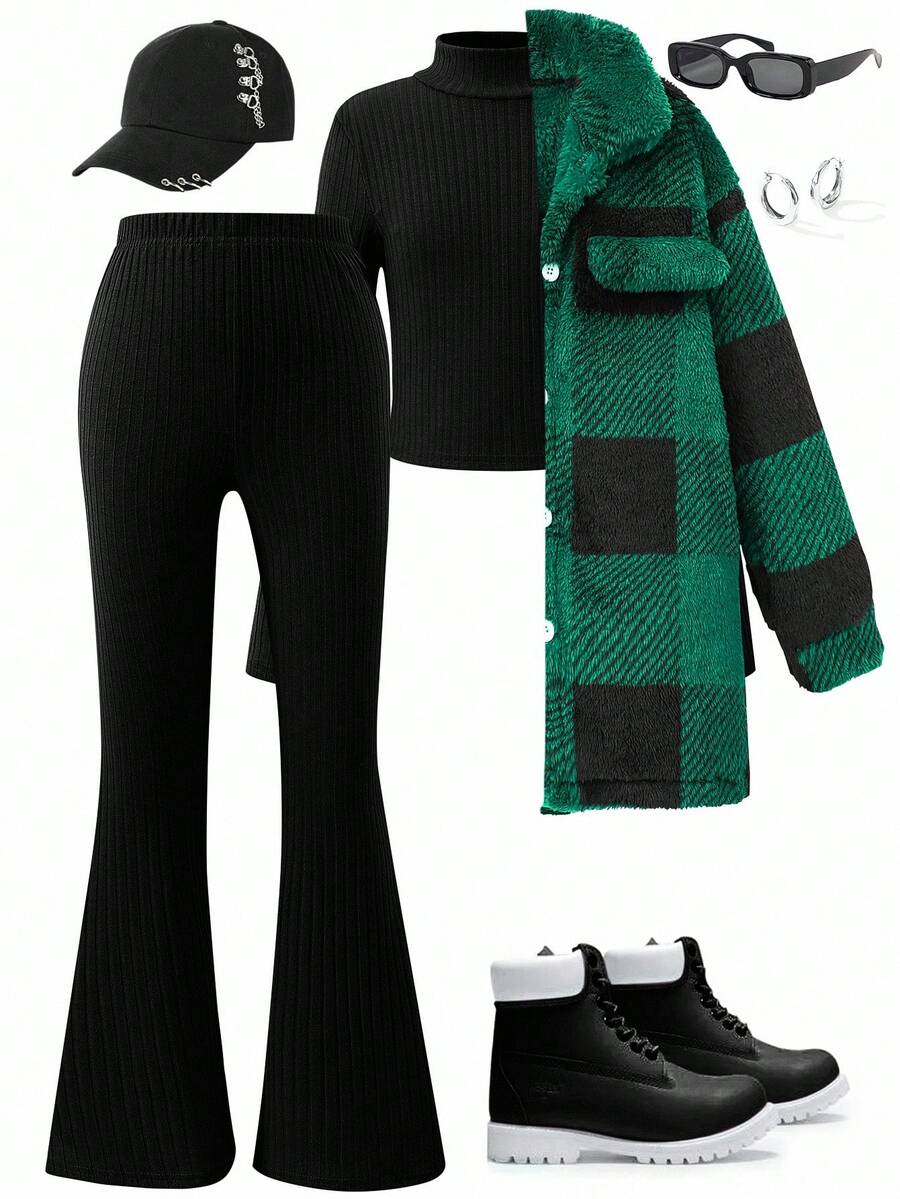 SHEIN Explorewe 3 قطع/طقم بنطلون ذو تصميم ريبي واسع + قميص طويل الأكمام بياقة عالية + جاكيت طويلة الأكمام بياقة مقلمة للبنات