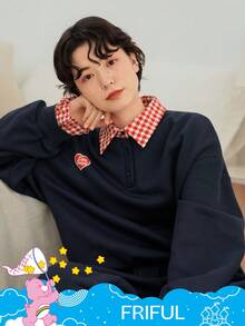 SHEIN X Care Bears FRIFUL 2件套女士格子拼接宽松加厚二合一卫衣和阔腿裤套装