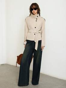 ATUI Studio Áo khoác trench coat cổ đứng màu trơn thường ngày dành cho nữ, Xuân/Thu - Màu be - Xem 4