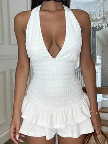 Ronhire 女士度假白色针织皱褶纹理深 V 领露背系带荷叶边下摆连体衣，适合派对、约会、下午茶、时尚街头和度假、海滩装 - 白色 - 查看 3