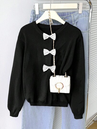 Tween Girls' Colorblock Bow Decor Round Neck Long Sleeve Cardigan Fall Winter