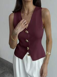 Aloruh Women's Solid Color V-Neck Front Button Casual Fashion Sweater Vest Summer Holiday Simple Commuter Sweater Vest With Unique Metal Buckle Office - Burgundy - View 7