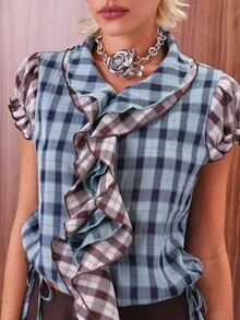 COUREZ 短袖拼接瀑布式前襟衬衫 / Y2K 秋季女装 秋季服装 可爱上衣 外出上衣 冬季服装 可爱上衣 - 彩色 - 查看 5