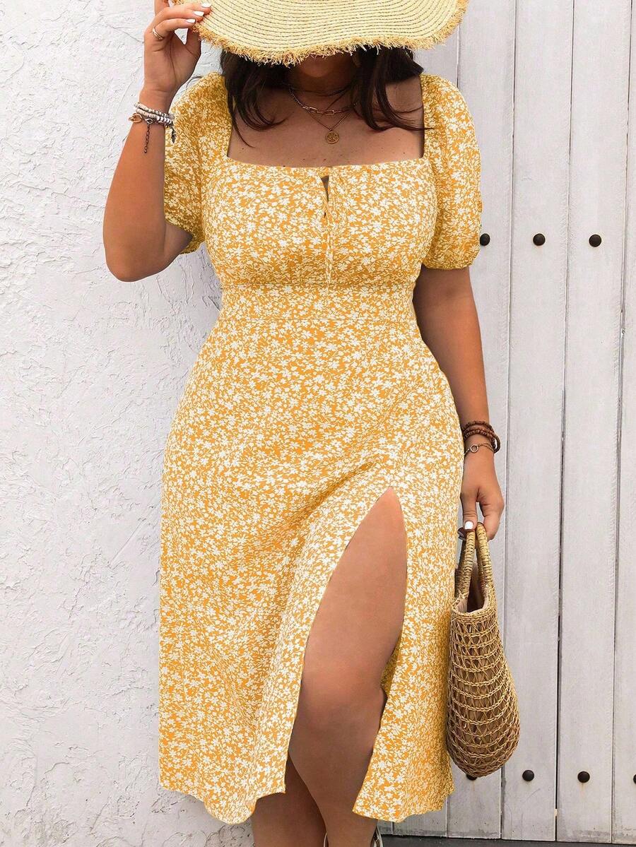 SHEIN Clasi Đầm Maxi xẻ cao họa tiết hoa thời trang dành cho nữ cỡ lớn - Nhiều màu - Xem 1