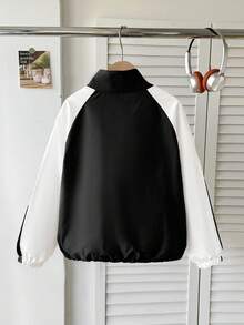 SHEIN Jaket Baseball Kerah Tegak dengan Warna Kontras untuk Remaja Perempuan, Kasual dan Serbaguna, Cocok untuk Kembali ke Sekolah, Cocok untuk Ibu dan Anak, Musim Gugur dan Musim Dingin - Hitam dan Putih - View 12