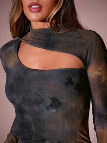 Hauture Long Sleeve Mesh Dress With Front Cut Out - Multicolor - View 7