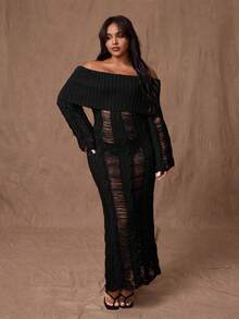 Rustia Plus Size Women's One-Shoulder Long Sleeve Distressed Fitted Sexy Knit Dress Winter Fall Autumn - Black - View 6