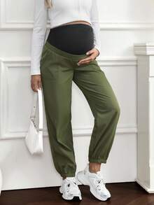 SHEIN Maternity 2 In 1 Dual Waistband Pocket Design Pants - Army Green - View 6