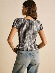 Poéselle Women's Striped Round Neck Short Sleeve Ruffle Hem Fashionable Blouse - Coffee Brown - View 3