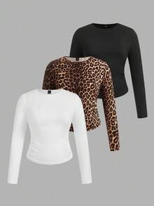 SHEIN EZwear 3件套女士加大码休闲纯色及豹纹圆领褶皱长袖T恤，适合秋冬季节，女士秋季服装3件装上衣紧身露脐长袖露脐豹纹上衣 - 彩色 - 查看 1