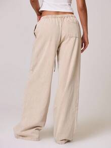 MUSERA Drawstring Waist Wide Leg Jeans Fall Winter Spring Summer - Apricot - View 4