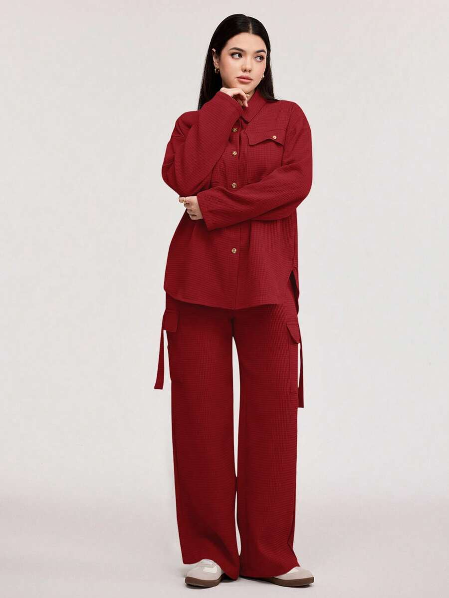 Veilorie Women's Casual Two-Piece Outfit: Woven Fabric Long Sleeve Collared Shirt And Cargo Pocket Long Pants Set In Red - Red - View 1