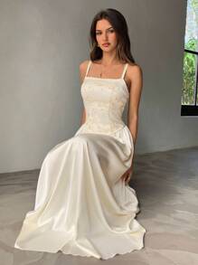 Aloruh Women's Elegant Mesh Embroidered Patchwork Waist Flared Satin Solid Maxi Dress, Beige - Apricot - View 7