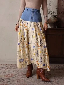 EMERY ROSE Minifalda de mezclilla con estampado floral y parches casual para mujer - Azul - Ver 1