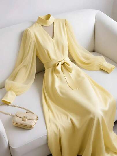 GlowEve Vestido de mujer elegante con mangas caladas y empalme de gasa con cinturón, vestido midi de línea A para uso diario, estilo minimalista