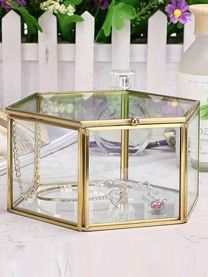 1 件豪华六角形玻璃珠宝展示盒 - 用于存储和整理的装饰盒 - 黄铜框架、结婚礼物、戒指、手镯、耳环架、母亲节、春季家居装饰、时尚珠宝收藏收纳盒、阳光旅行酷炫返校