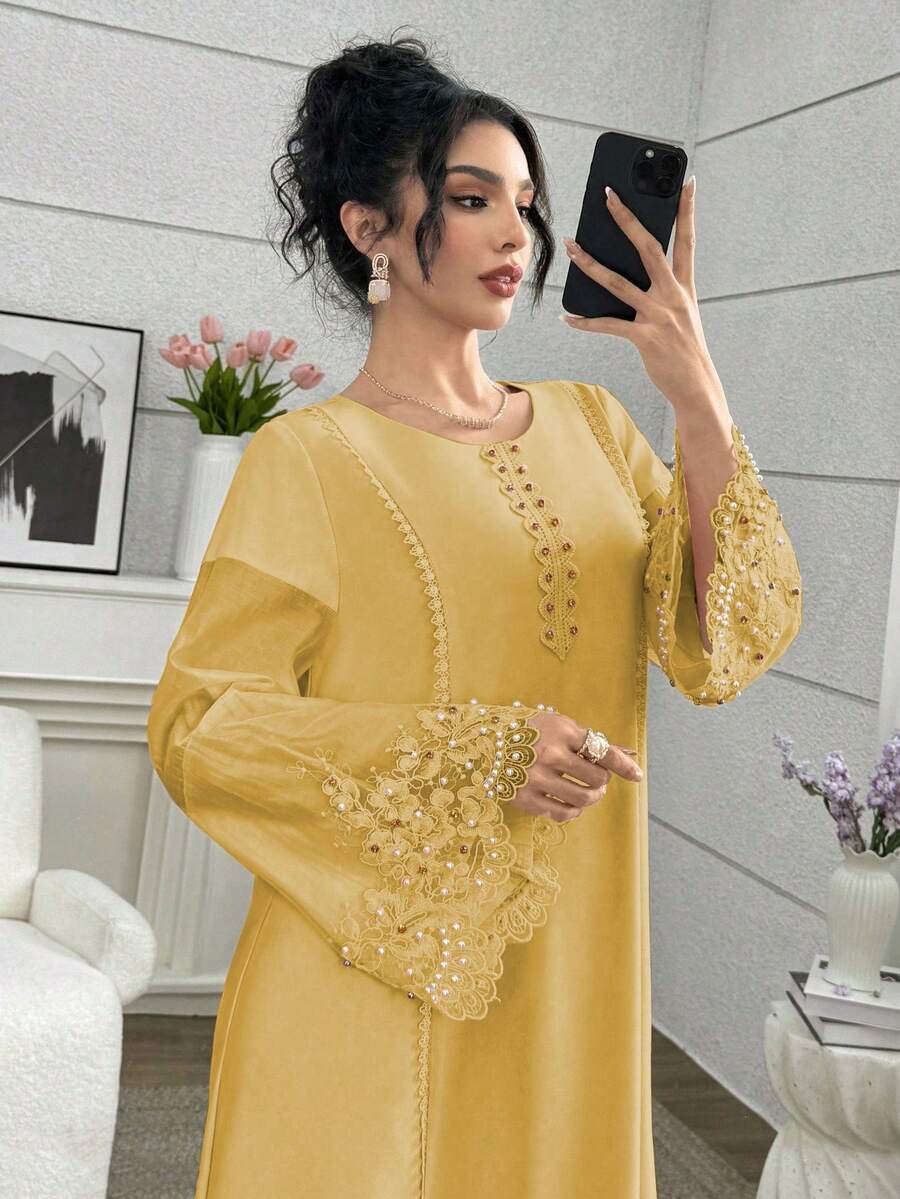 Yasmyna 优雅奢华精工拼接女士宽松时尚年轻奢华连衣裙 - 薑色 - 查看 1