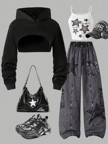 3 件套青少年女孩休闲舒适长袖短款连帽运动衫、牛仔星星印花吊带背心和牛仔印花裤套装，演唱会服装