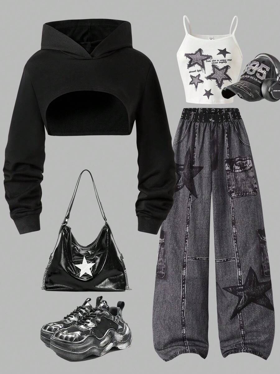 3 件套青少年女孩休闲舒适长袖短款连帽运动衫、牛仔星星印花吊带背心和牛仔印花裤套装，演唱会服装