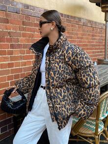 DAZY Leopard Print Padded Coat, Warm & Thick For Women, Autumn/Winter Jacket - Khaki - View 1