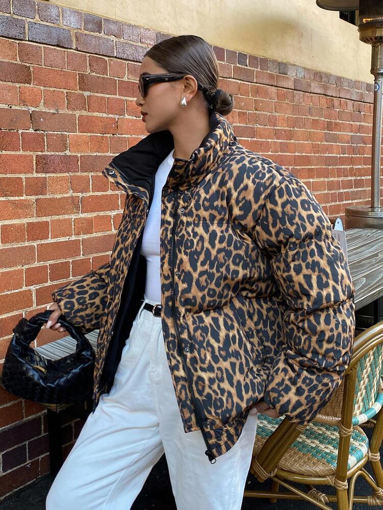 Leopard Print Padded Coat, Warm & Thick For Women, Autumn/Winter Jacket
