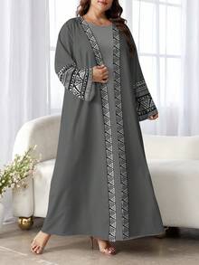 SHEIN Najma Áo choàng Abaya Ả Rập dài tay họa tiết hoa hình học thanh lịch dành cho nữ, mùa xuân/thu - Nhiều màu - Xem 3
