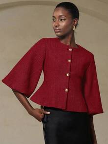 Revavyn 优雅法式复古浪漫奢华高端设计人字纹圆领3/4花瓣袖收腰修身金属纽扣女式西装外套 - 紅色 - 查看 5