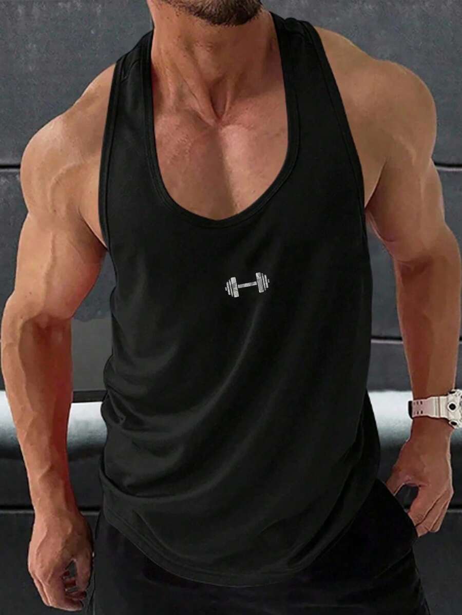 Ironwick 男式夏季杠铃印花宽松工字背心 - 黑色 - 查看 1