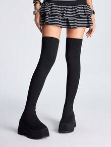 Sugerpunk 欧美 Y2K 黑色摇滚朋克厚底靴，套脚粗跟哥特靴，不对称鞋跟街头风女靴 - 黑色 - 查看 3