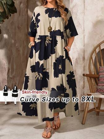 SHEIN CURVE+ Plus Size Short Sleeve Dress With Pockets, Suitable For Summer. Plus Size Short Sleeve Dress With Waist Pleats, Side Pockets, Floral Print, Suitable For Music Festival, Bohemian, Loose Fit, Long Dress For Spring/Summerfall Clothes For Women,Winter,CURVE PLUS Chic Dress