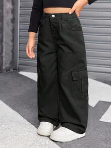 SHEIN Young Girl Y2K Cargo Pocket Loose Fit Casual Khaki Jeans, Girl Fall And Winter Street Cool Style Pant, Y2k Outfits For Girls, Black Cargo Pants For Girls, Kids Cargo Pants Y2k