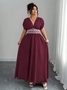 Elenzga Váy maxi thường ngày cỡ lớn dành cho nữ có thêu eo, họa tiết Paisley, cổ chữ V bohemian, nhún vai, thắt eo, thon gọn, thanh lịch khi đi chơi, trà chiều, tụ tập, hàng ngày, kỳ nghỉ - Đỏ - Xem 8