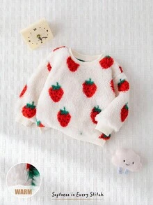 Cozy Pixies Baby Girl Strawberry Pattern Thermal Lined Crew Neck Long Sleeve Pullover Sweatshirt, Autumn/Winter Fall