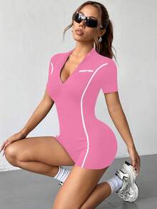SHEIN Unity Women's Fashionable Contrast Color Zipper Half-Zip Short Sleeve Bodysuit, Summer - Hot Pink - View 4