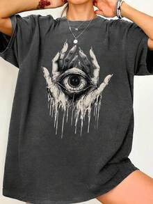EMERY ROSE Hand & Eye Graphic Print Round Neck Short Sleeve Fashionable Plus Size T-Shirt - Dark Grey - View 1