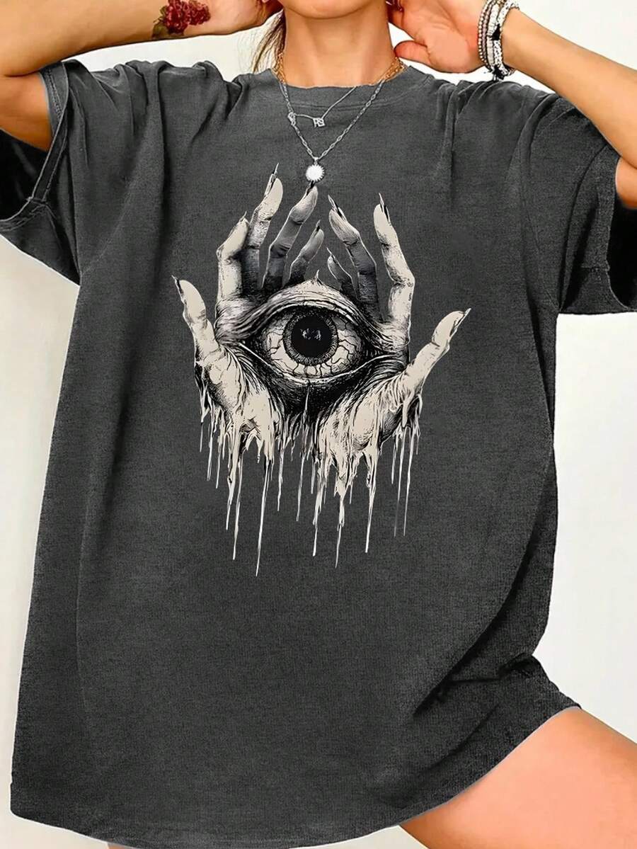 EMERY ROSE Hand & Eye Graphic Print Round Neck Short Sleeve Fashionable Plus Size T-Shirt - Dark Grey - View 1