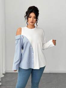 Elenzga Blusa Plus Size Elegante Minimalista Listrada Patchwork - Branco - Ver 3