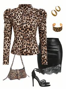 Ellevyn 女士优雅豹纹针织打底衫高领长袖T恤，性感秋冬动物纹印花休闲春季经典弹力优雅长袖T恤，完美适用于春秋季节，百搭经典女式上衣 - 彩色 - 查看 3