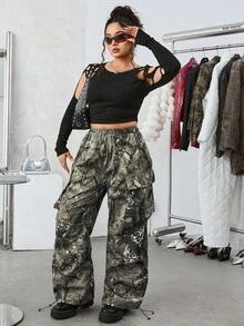 SHEIN EZwear 复古花卉印花松紧腰褶皱宽松休闲工装裤，大码，秋冬 - 彩色 - 查看 5